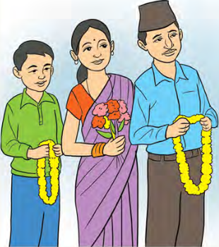 फूल र माला लिएर सम्मान गर्न आएको परिवार। मानिस नरहे पनि कलामा उतारिएको उसको रूप सम्झना बनेर रहन्छ।