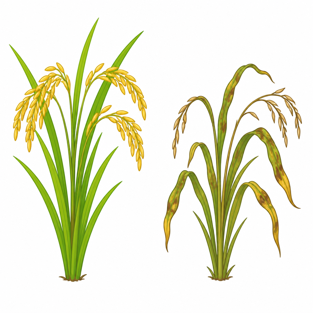 A blighted paddy plant beside a healthy one, so the damage a crop disease does can be seen at once