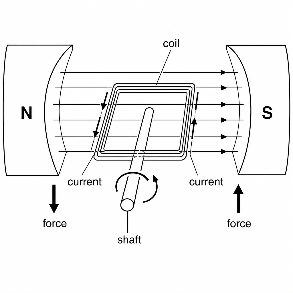 Current flows one way along one side of the coil and the other way along the opposite side, so one side is pushed up and the other down, and the coil turns on its shaft.