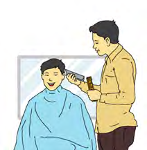 A barber cutting a customer's hair. He keeps people neat and smart.