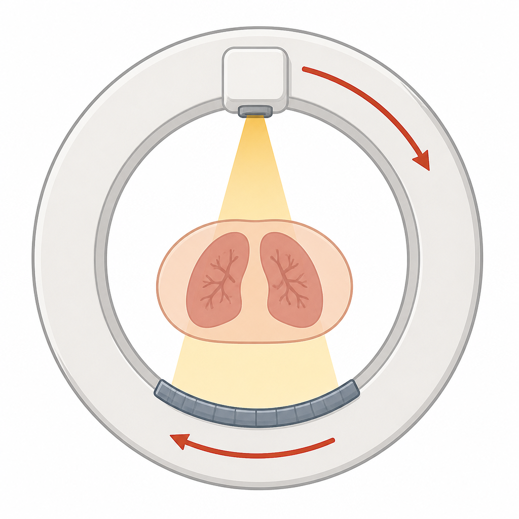 As the X-ray source and the detector turn together around the body, data on the same slice is collected from many directions.