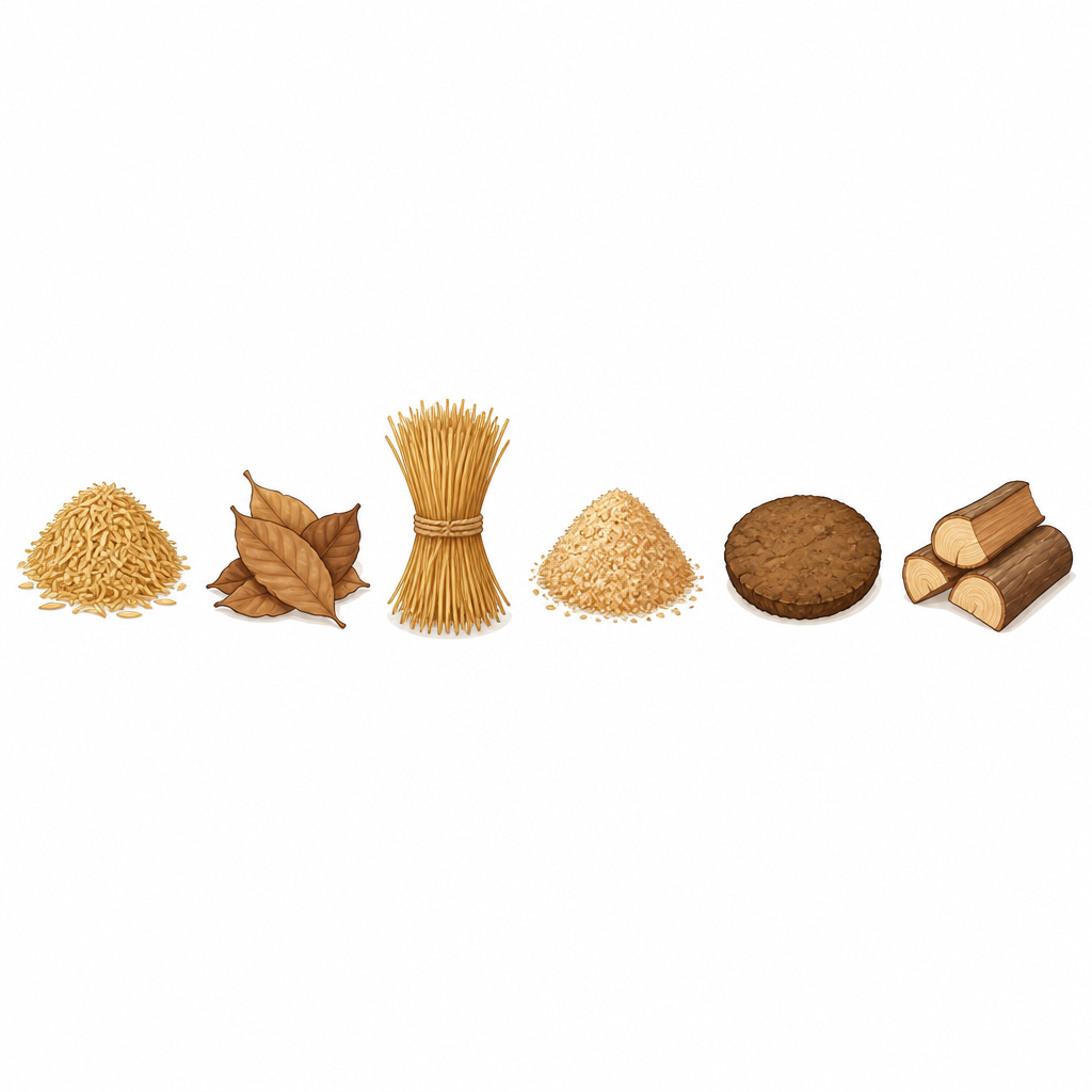 Rice husk, dry leaves, straw, sawdust, a dried dung cake and firewood are all dry organic matter, so all of them are biomass.
