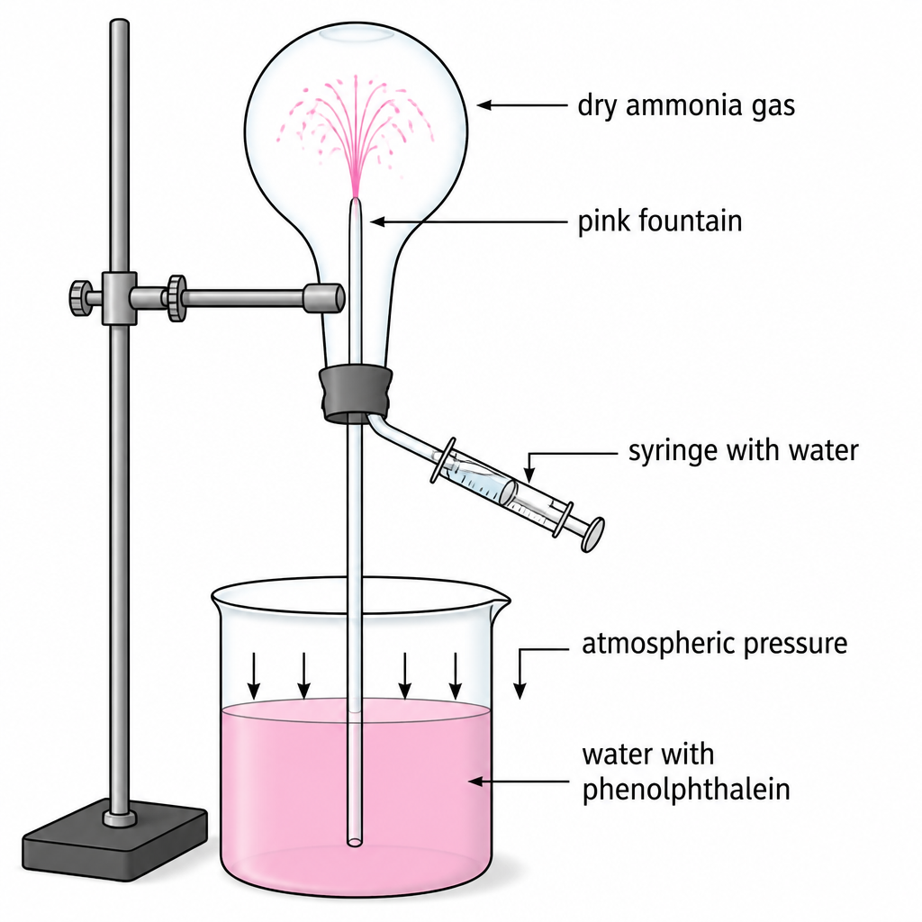 When the pressure inside the flask falls, atmospheric pressure outside pushes the water up the tube and a pink fountain sprays into the flask.