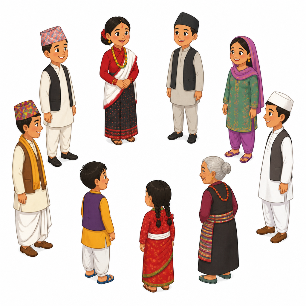फरक फरक समुदायका मानिस आआफ्नो पहिरनमा एउटै गोलो बनाएर उभिँदा विविधता र एकता सँगै देखिन्छ