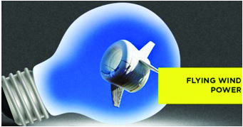 Idea V. An airborne turbine floating high above the ground, where the wind blows far stronger and steadier than at tower level.