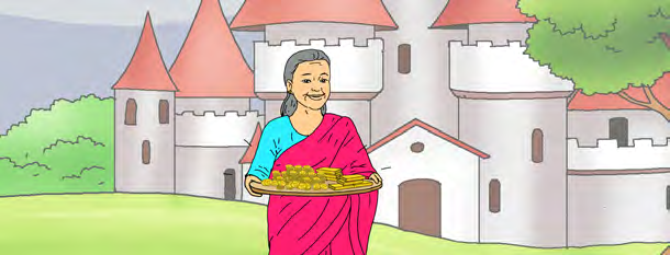 The old woman leaves the palace with the food the king ordered for her, forgiven instead of punished.