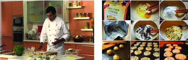 A chef in his kitchen on a cooking programme, and the stages of his chocolate chip cookies from mixing bowl to baked tray.