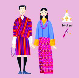 Bhutan's national costume: the man wears a gho and the woman wears a kira.