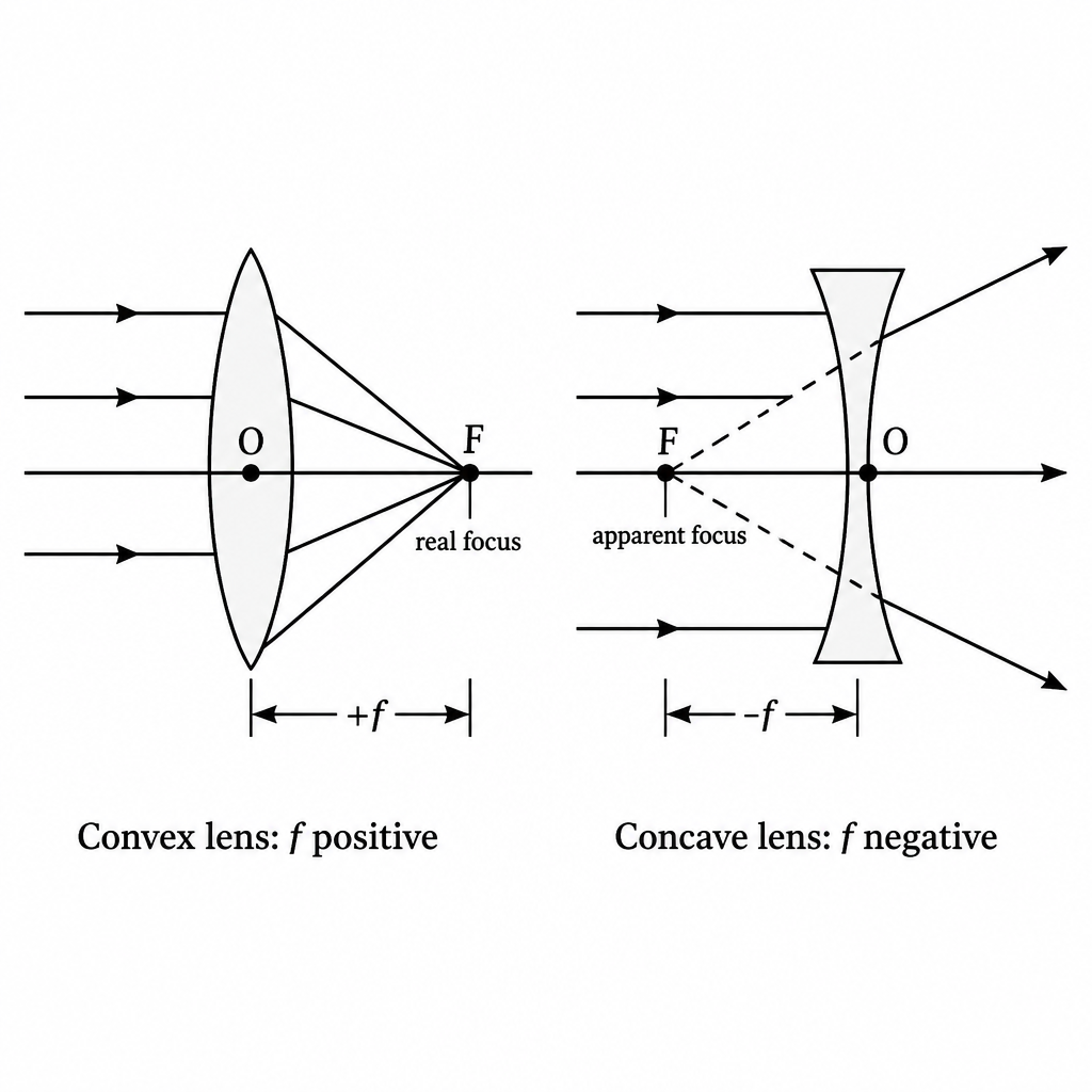 A convex lens has a real focus where the rays truly meet, so its f is positive. A concave lens has an apparent focus where the backward extensions meet, so its f is negative.