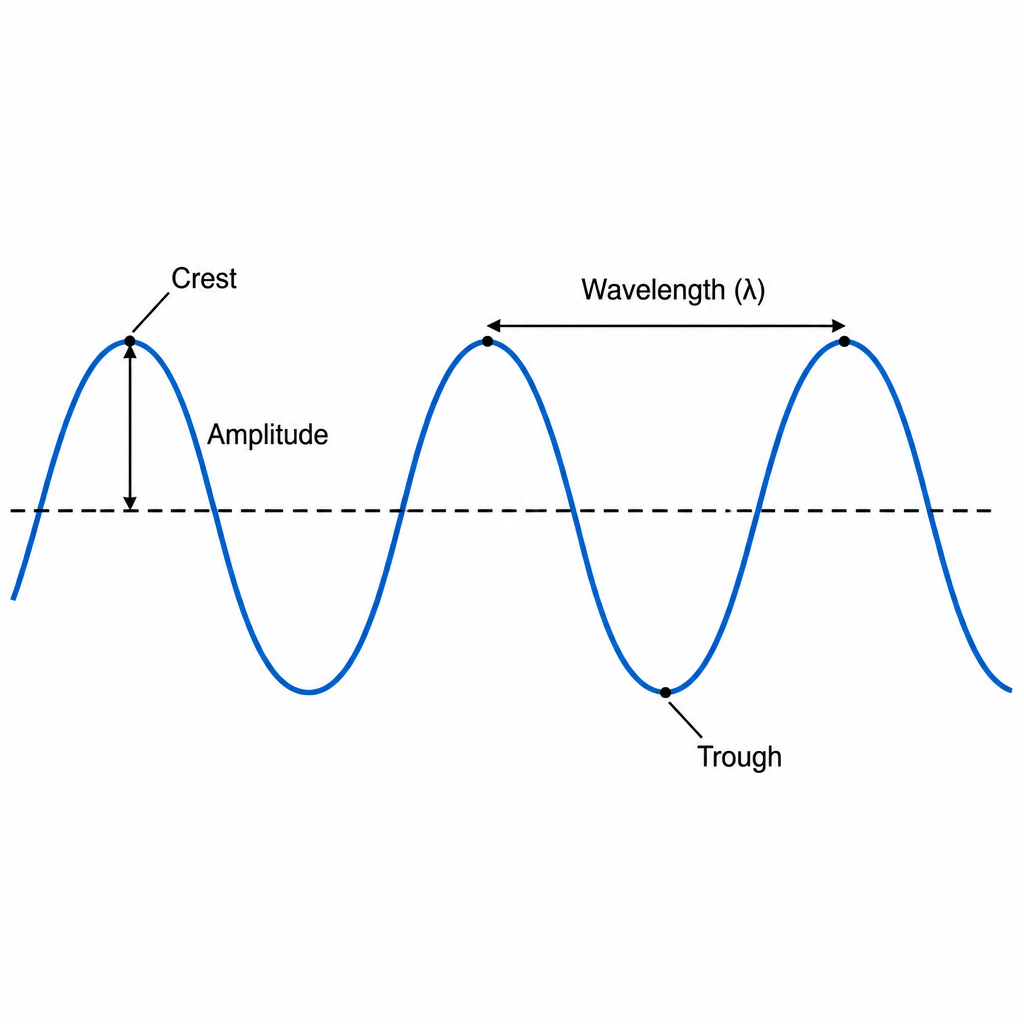 The rise above the middle line is a crest, the dip below it is a trough, the height from the middle line to a crest is the amplitude, and the distance from one crest to the next is one wavelength.