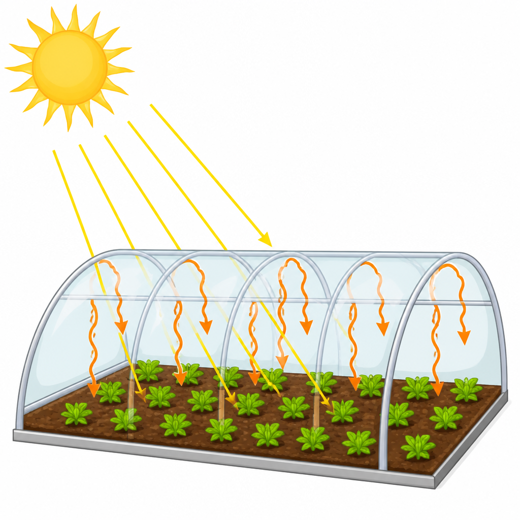 Short wavelength radiation from the sun passes straight in through the glass, while the long wavelength radiation rising from inside cannot get back out through it.