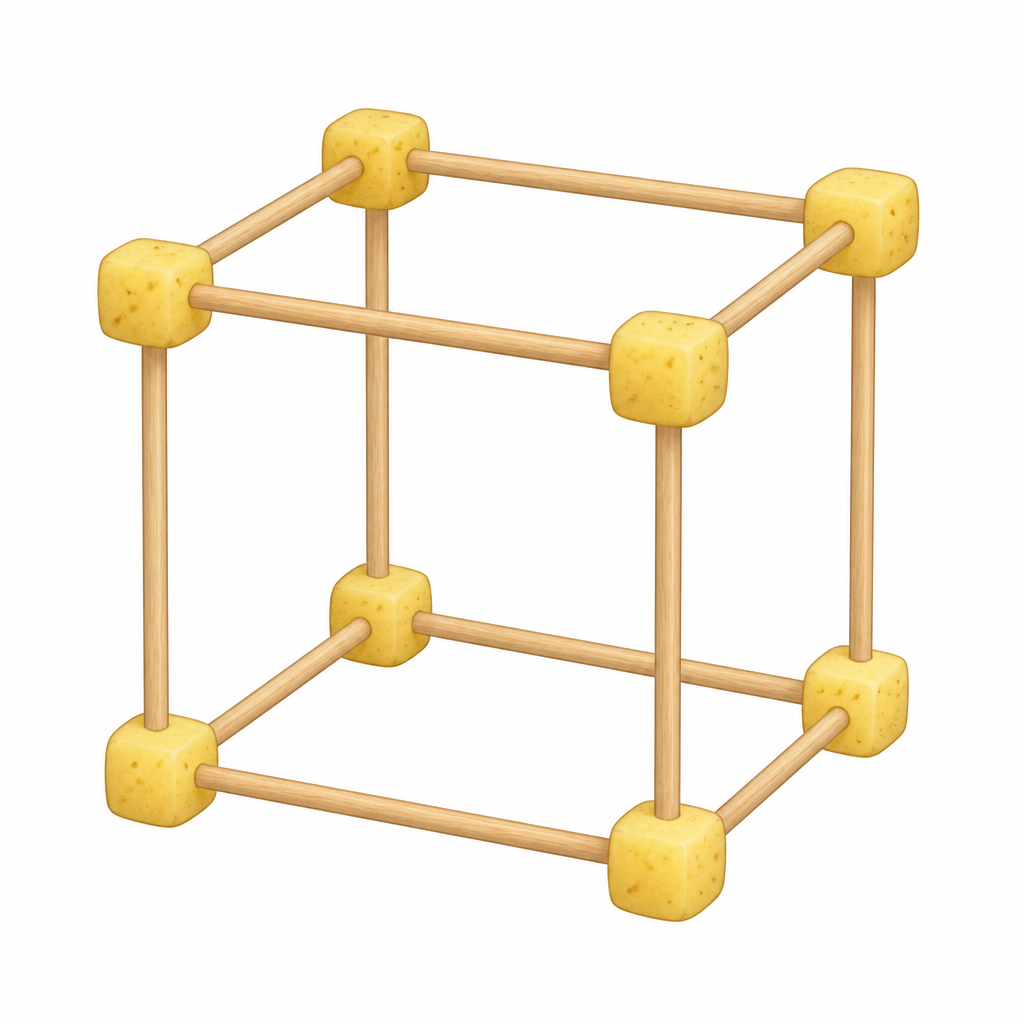 A skeleton cube built from twelve sticks and eight potato pieces, in which each edge and each vertex can be seen separately.