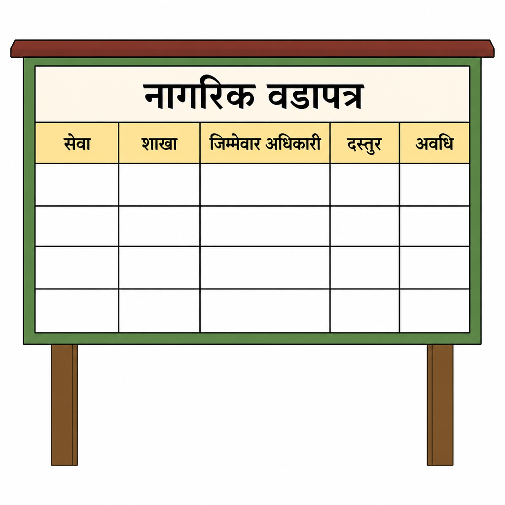 वडापत्रमा सेवा, शाखा, जिम्मेवार अधिकारी, दस्तुर र अवधि कसरी छुट्टाछुट्टै महलमा लेखिन्छन् भन्ने देखाउने सूचनापाटी।