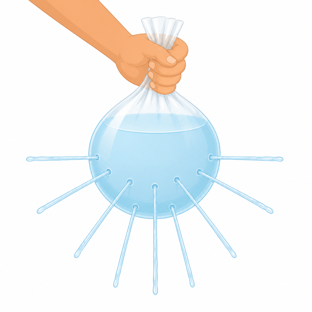 Squeezing the top of a closed bag of water sends a stream out of every hole, each one leaving straight out from the bag's surface.