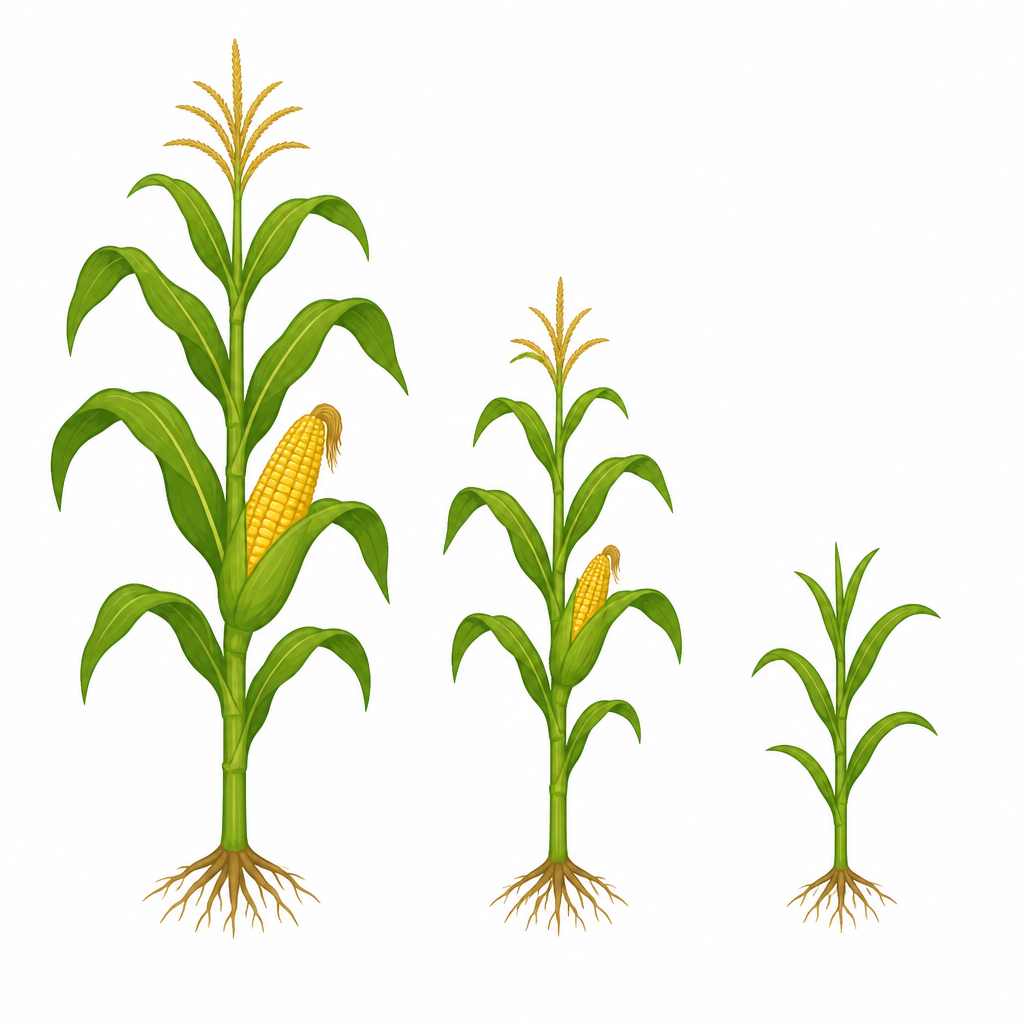 Maize plants from one field. Their height, their leaves and their cobs are not alike.