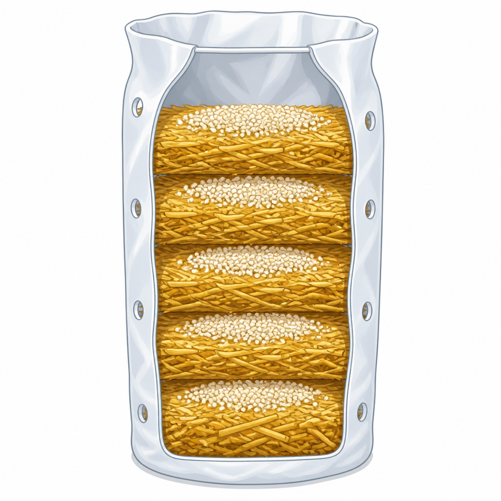 The layers of straw inside the bag, spawn sprinkled on every layer, and the holes that let air in.