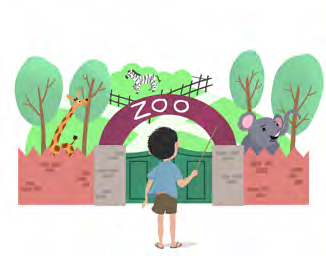 A boy at the gate of a zoo. A zoo has its own set of rules for every visitor.