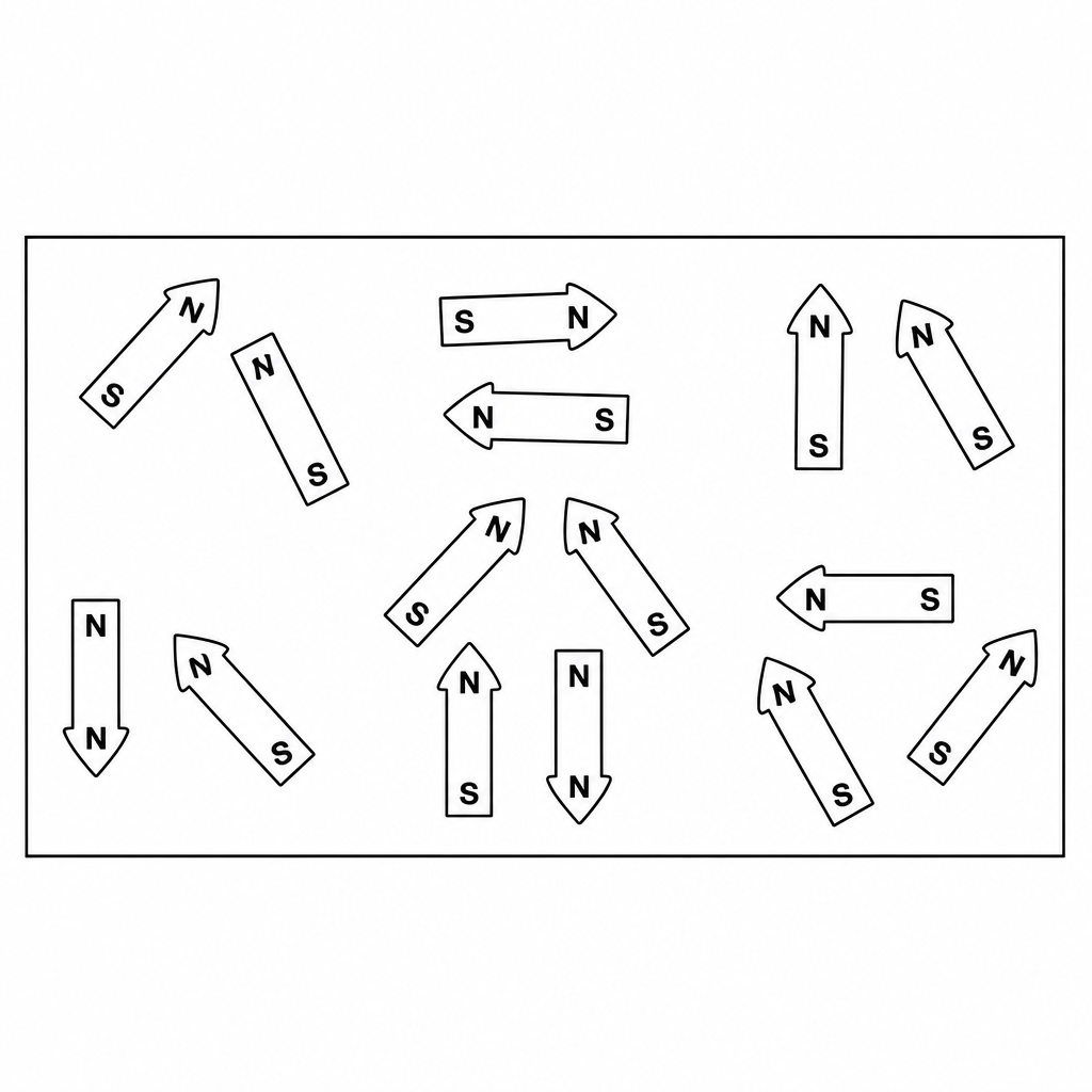 The unmagnetised state. The molecular magnets lie scattered in all directions in small closed groups, so no magnetism shows on the outside.