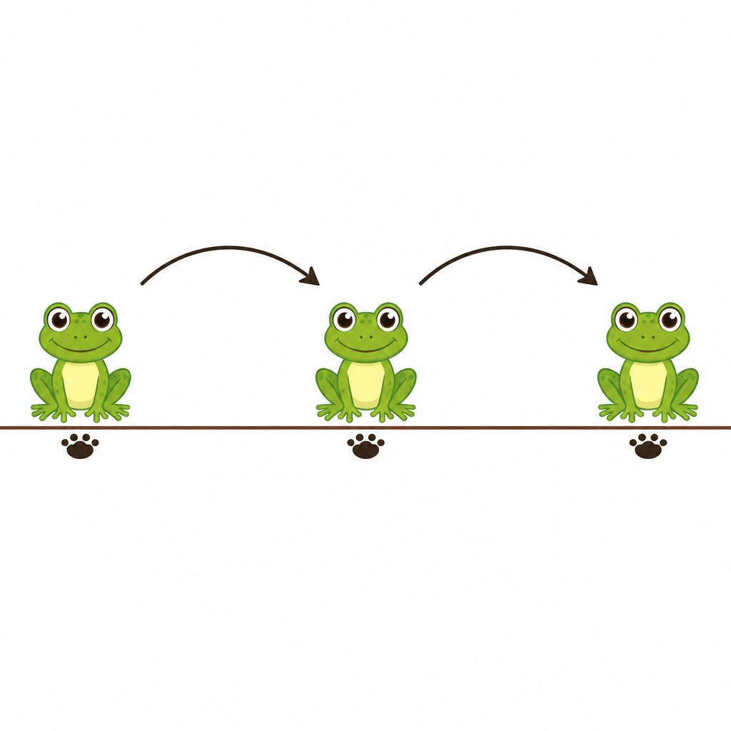 A frog jumps, so it touches the ground only where it lands and skips all the ground in between.