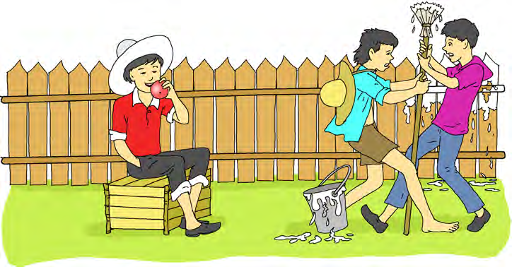 Tom rests and eats an apple while the other boys argue over who gets to whitewash the fence.