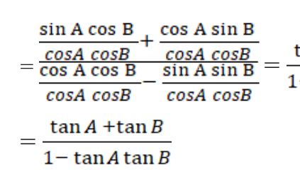 Each of the four terms is divided by cos A cos B, which turns the fraction of sines and cosines into a fraction of tangents.