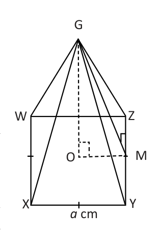 Pyramid G on the square base WXYZ of side a cm: GO is the vertical height, GM is the slant height, OM is half the base side, and GW, GX, GY, GZ are the lateral edges.