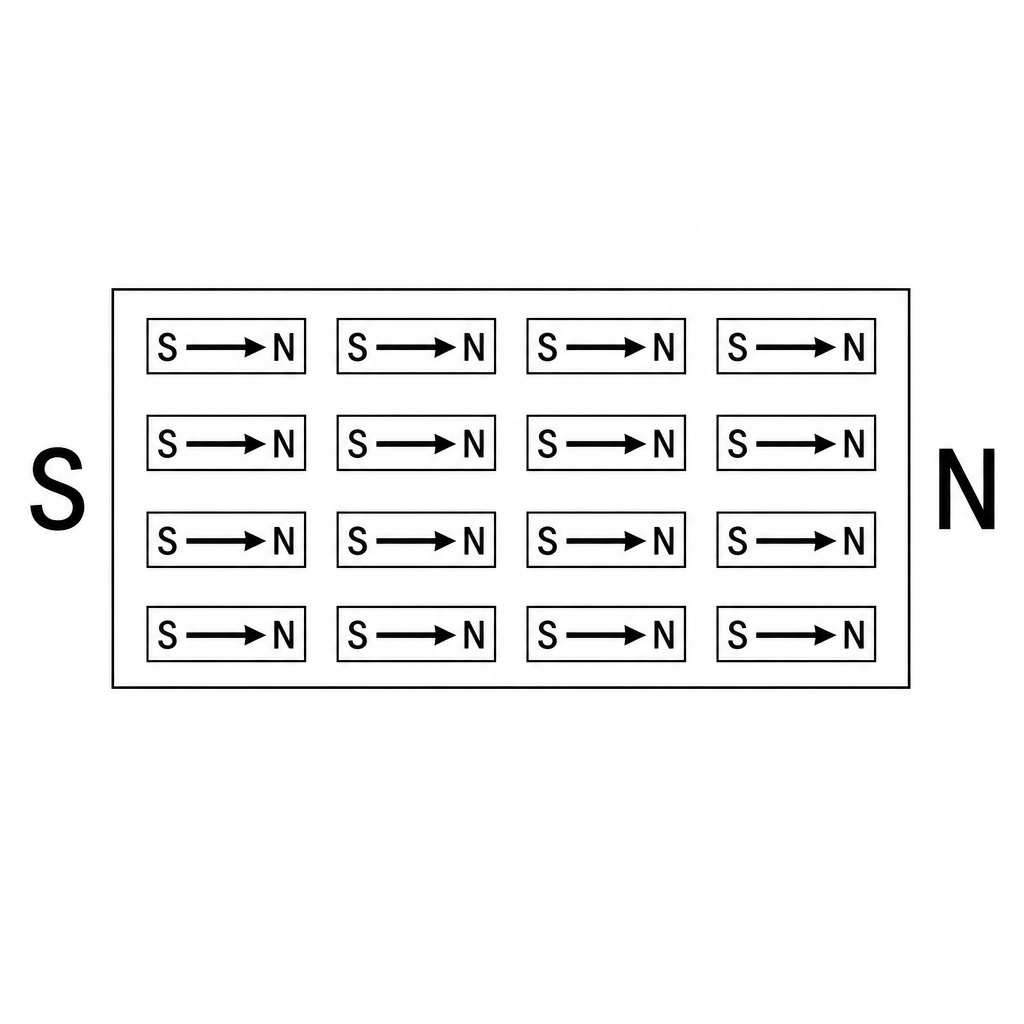 The magnetised state. Every molecular magnet lies parallel in one direction, so one end of the bar is now N and the other end S.