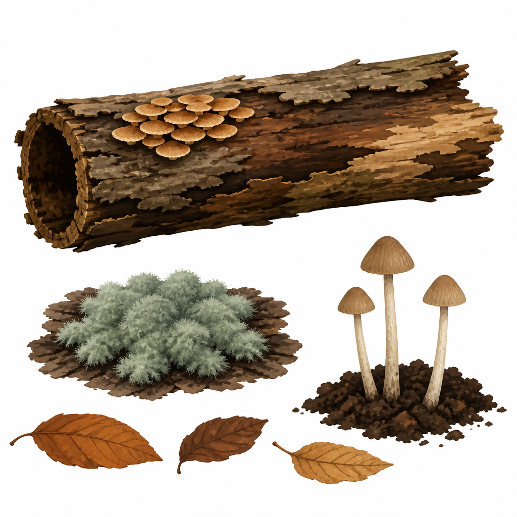 Mushrooms and mould growing on a rotting log. Small as they are, these are the living things that return a dead body to the soil.