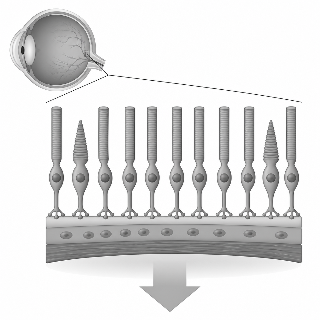 Two kinds of light-sensitive cells in the retina: long, thin rod cells, which work in dim light, and shorter cone cells with pointed tips, which identify colours.