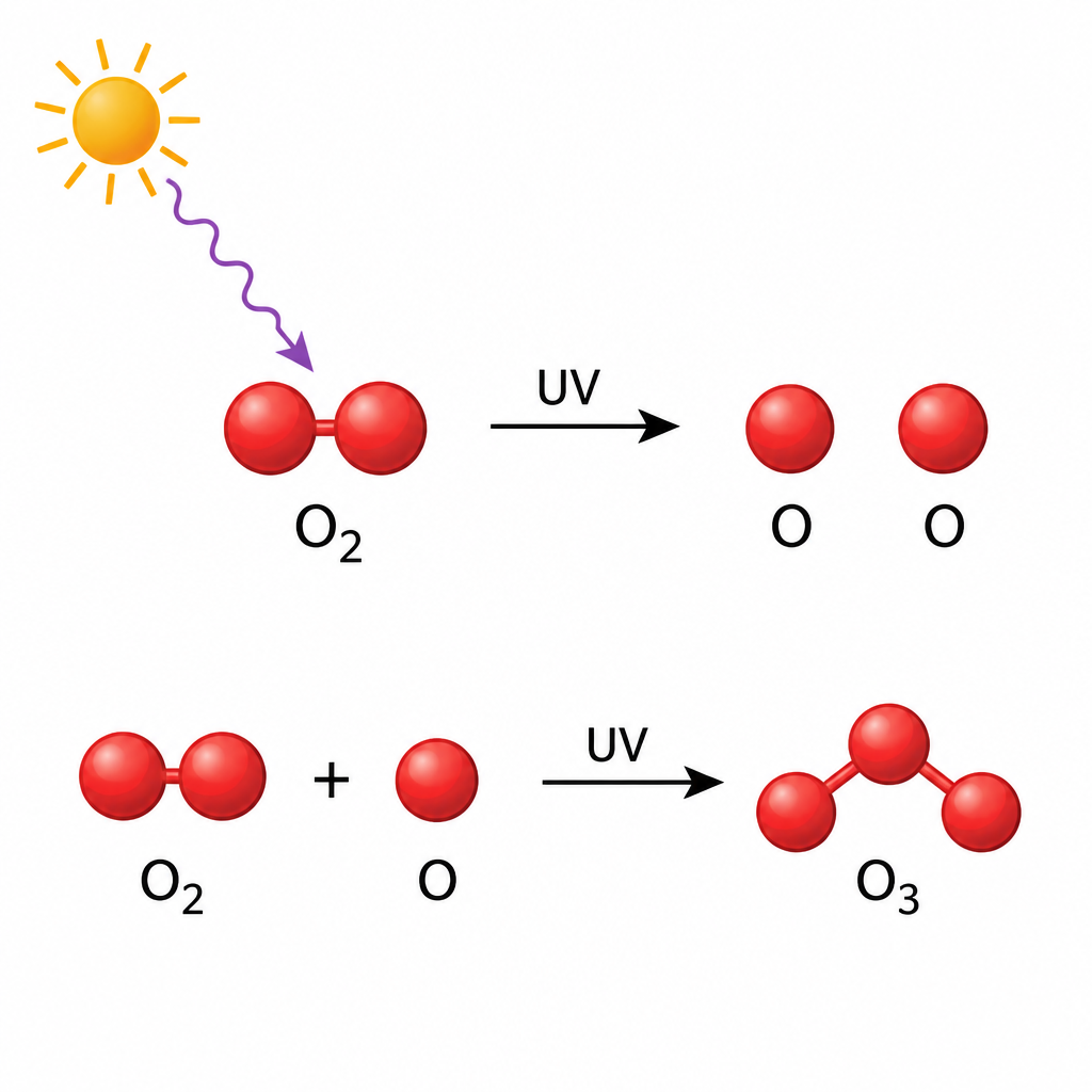 Ultraviolet rays split an oxygen molecule, and a freed atom joins another oxygen molecule to make ozone.