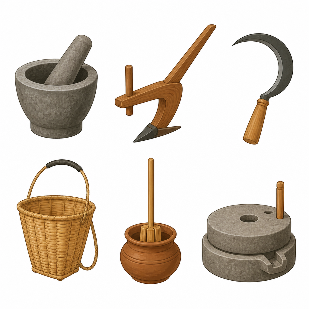 Tools of local technology, simple in build and driven by human effort.