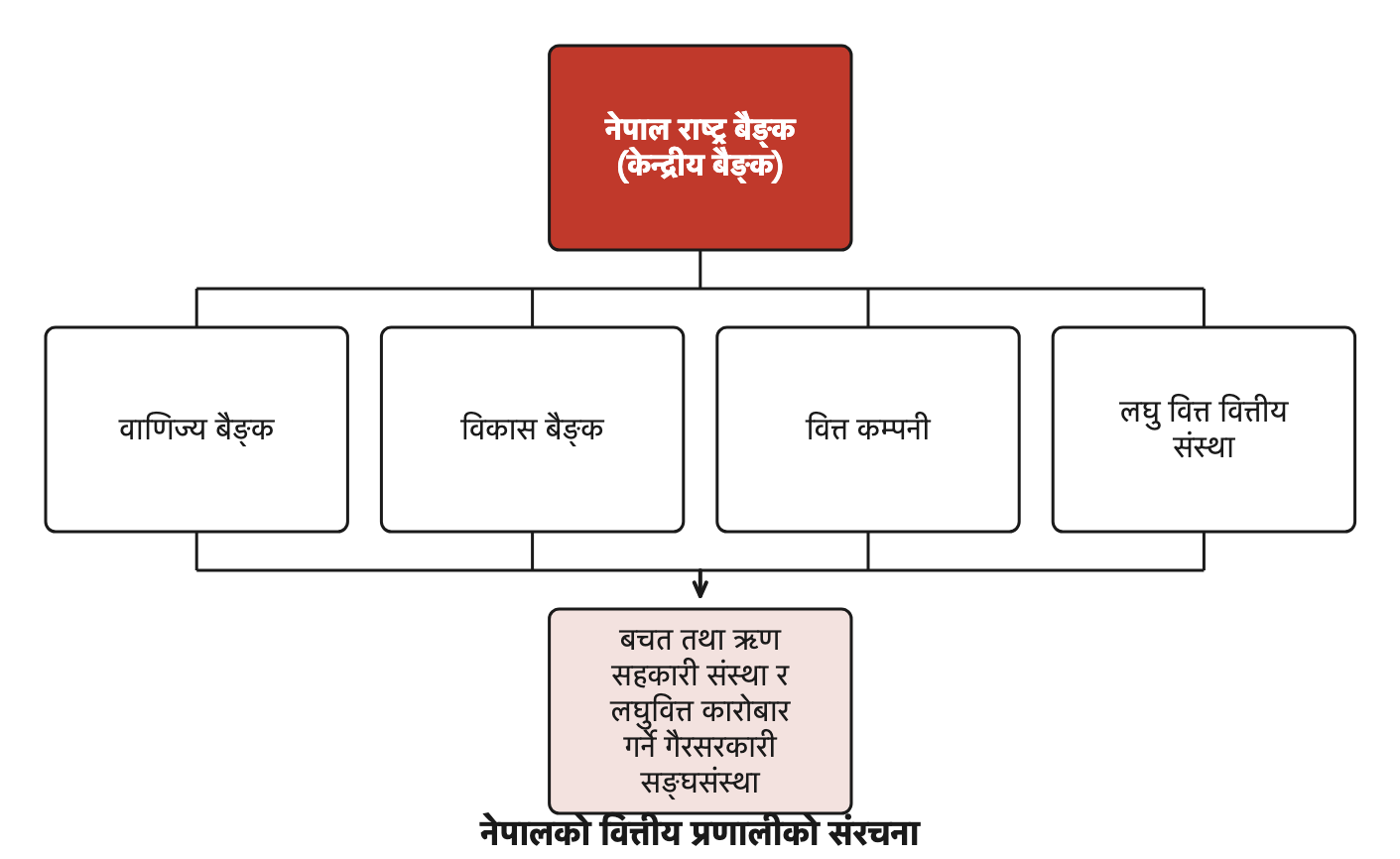 नेपाल राष्ट्र बैङ्क केन्द्रीय बैङ्कका रूपमा माथि रहन्छ र वाणिज्य बैङ्क, विकास बैङ्क, वित्त कम्पनी तथा लघु वित्त वित्तीय संस्था यसको अनुमतिमा सञ्चालित हुन्छन्।