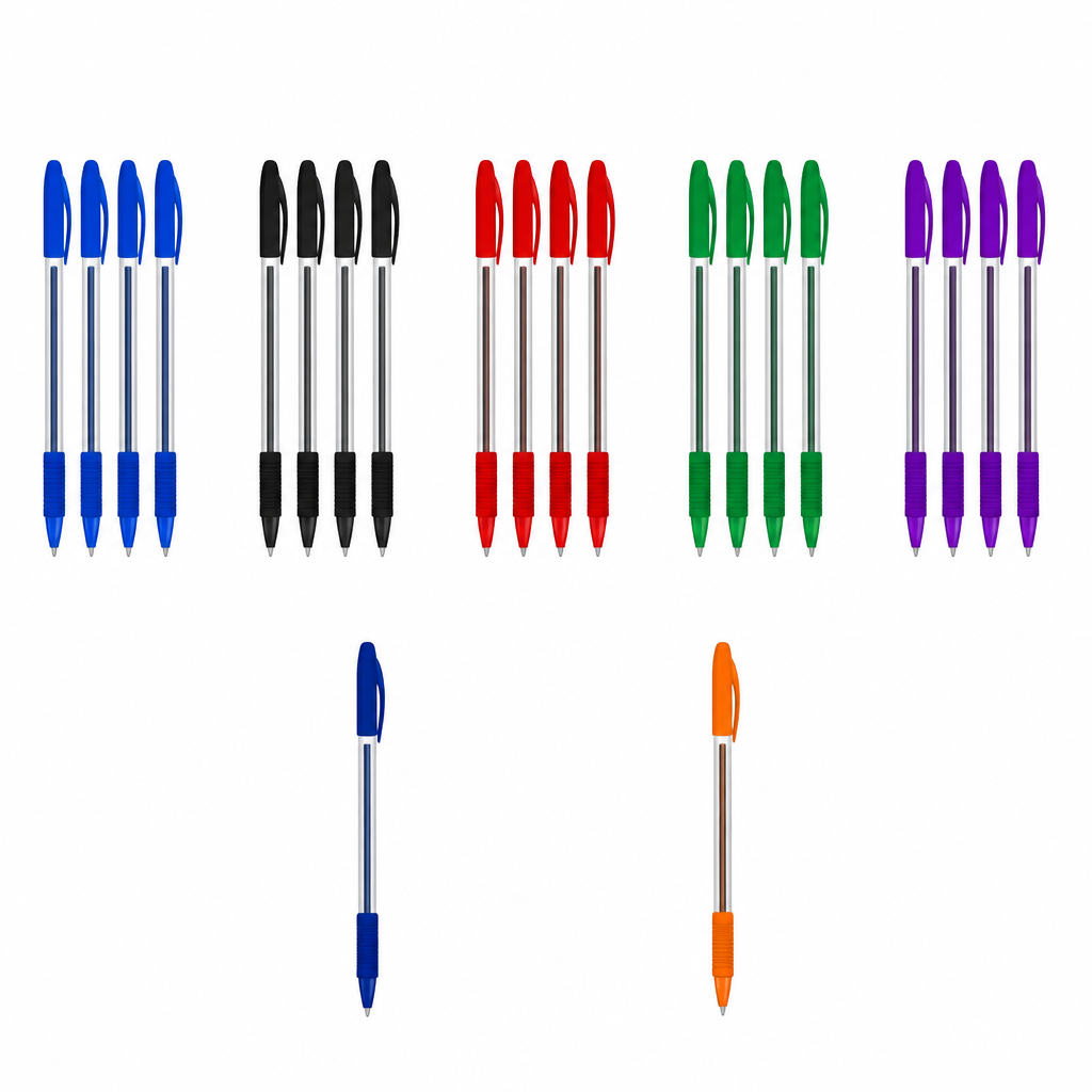 Twenty seven pens laid out as five bundles of five with two loose pens. This grouping is what gives 27 its base five form.