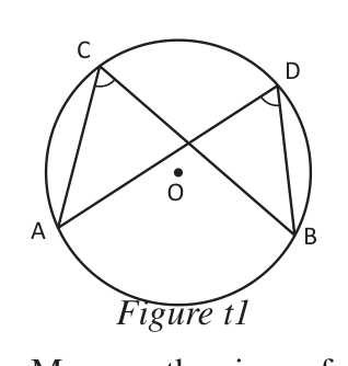 \( \angle ACB \) and \( \angle ADB \) stand on the same arc AB, so they are equal.