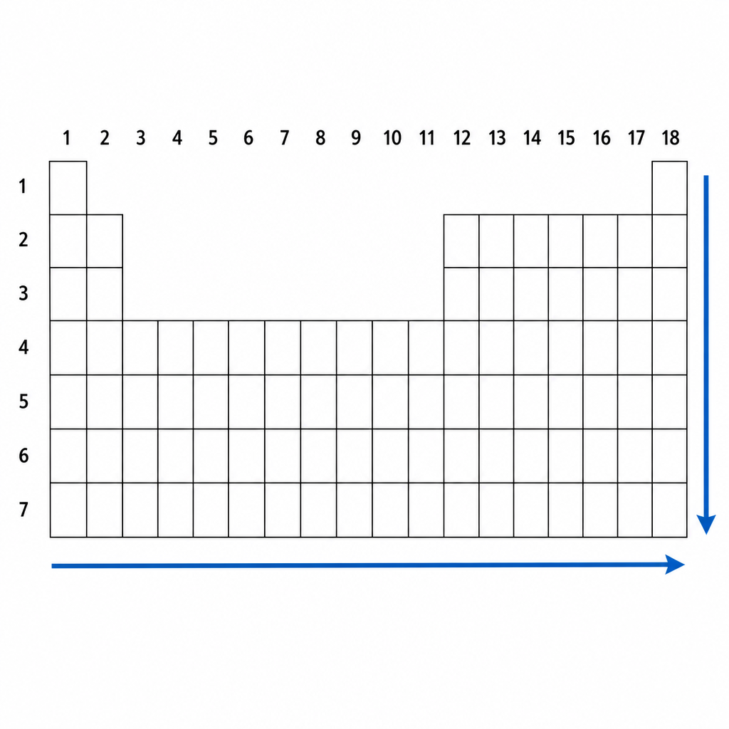 The 18 vertical columns are the groups and the 7 horizontal rows are the periods.