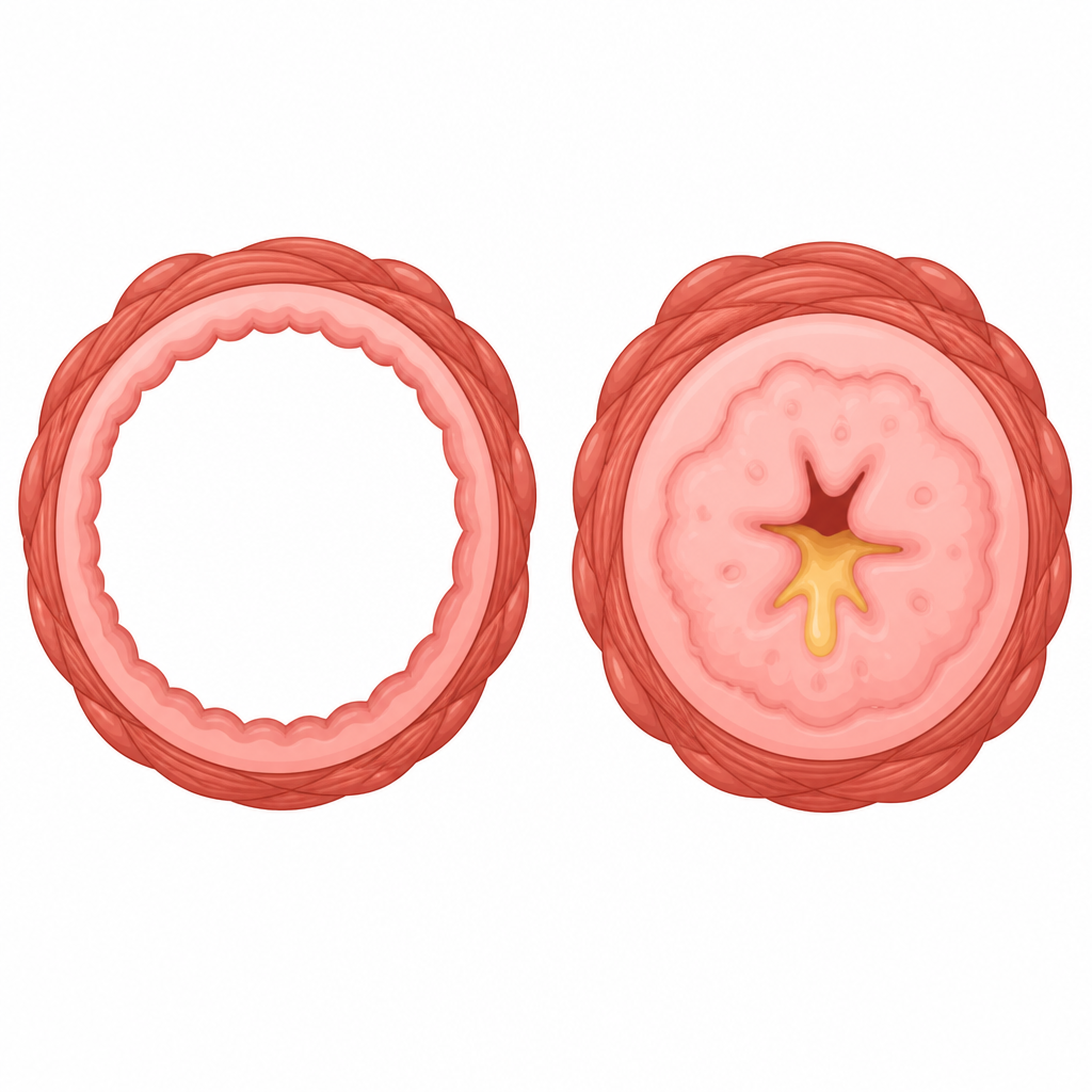 A healthy air tube (left) is wide open. In asthma the tube (right) has tightened and its lining has swollen, leaving only a narrow path for air.
