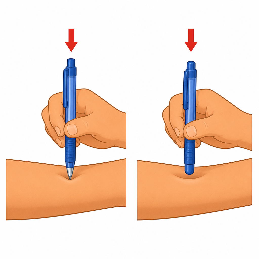 The same push given through a pointed end and through a blunt end, and how differently the skin gives way each time.