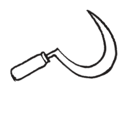 A sickle is used for cutting grass and harvesting crops.