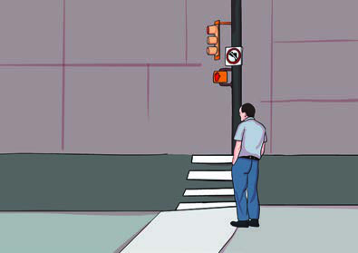 The signal says do not cross, so he should wait until it changes.