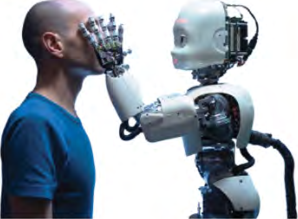 A man and a humanoid robot face to face, the robot's hand on his cheek: machines are learning to act more and more like people.