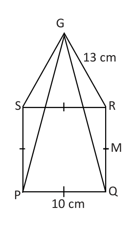 Pyramid GPQRS with base side PQ = 10 cm, edge GR = 13 cm, and M the midpoint of QR
