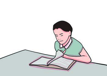 A boy studying a book on his own. When he is stuck, a polite request opens the door: Would you help me with this exercise, please?