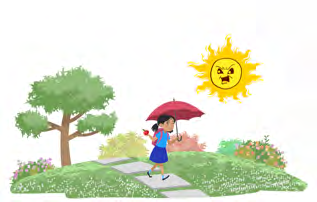 A girl walks under a fierce, burning sun with her umbrella up. The day may get even hotter.