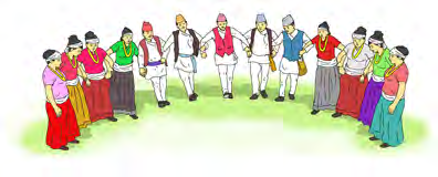 Dancers holding hands in a curved line, the way Deuda is performed at Gaura.
