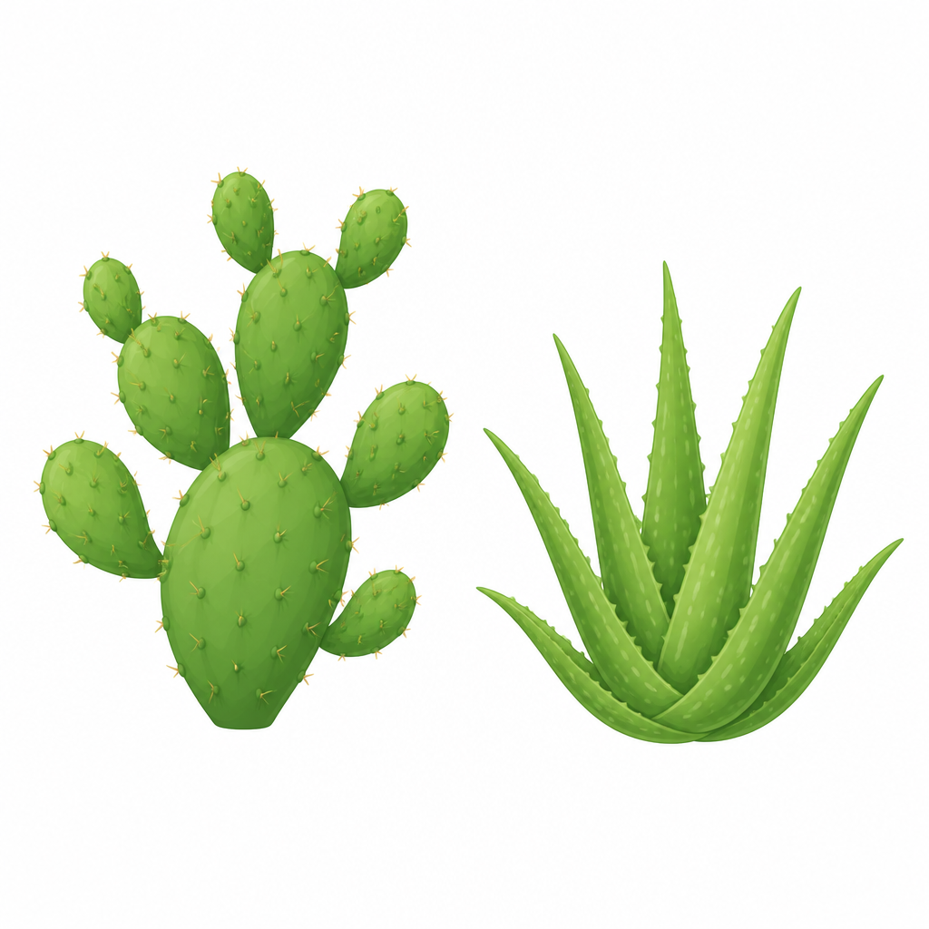 Leaves turned into thorns and a thick green stem are how a dry land plant saves its water.