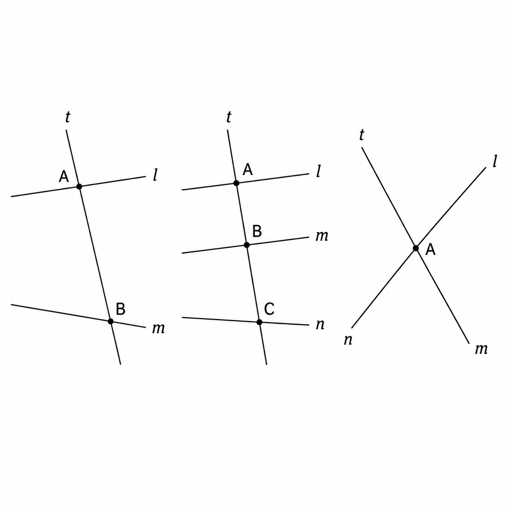 In the first two pictures the cuts happen at separate points, so t is a transversal; in the third every line passes through the one point A, so t is not a transversal.