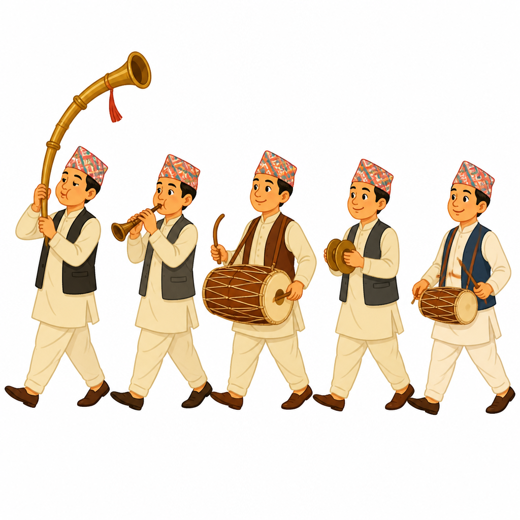 शुभकार्यको अगाडि पञ्चेबाजा किन लगाइन्छ भन्ने कुरा बुझ्न त्यो समूह कसरी हिँड्छ र के के बाजा बोक्छ भन्ने देख्नु आवश्यक छ ।