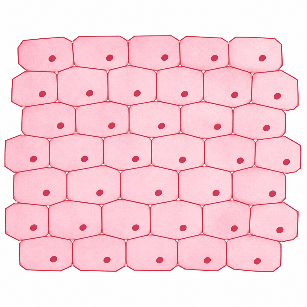 The cells of onion peel sit in rows like bricks in a wall, and each one shows a single darker round body inside it.