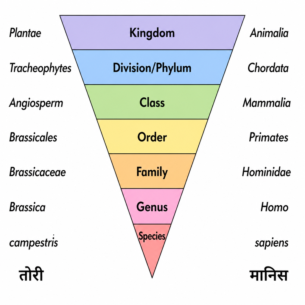From Kingdom down to Species every level narrows, shown here for mustard and for man.
