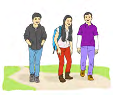 Three older friends out walking together. They are older and taller than the children playing marbles.